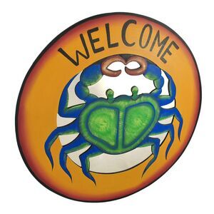 Large Round Blue Crab Mirrored `Welcome` Plaque